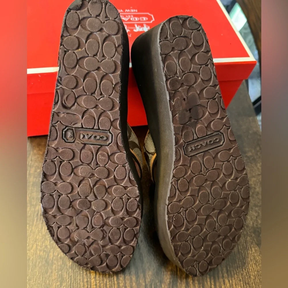 Coach Black Platform Wedge Flip Sandals with Tan Signature Straps - Picture 7 of 10